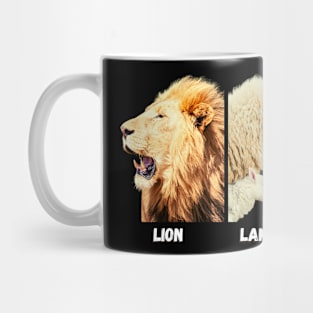 Fierce lion and gentle lamb with mother Mug